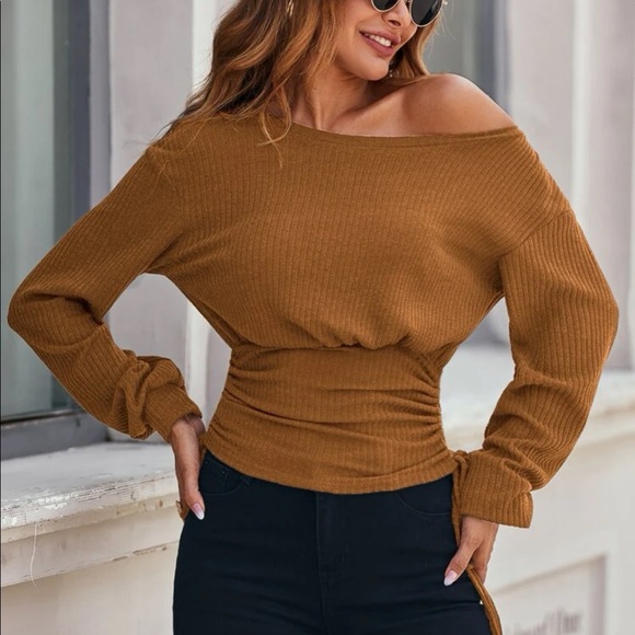 SHEIN Off Shoulder Drawstring Side Ribbed Long Sleeve Top S - Picture 3 of 7